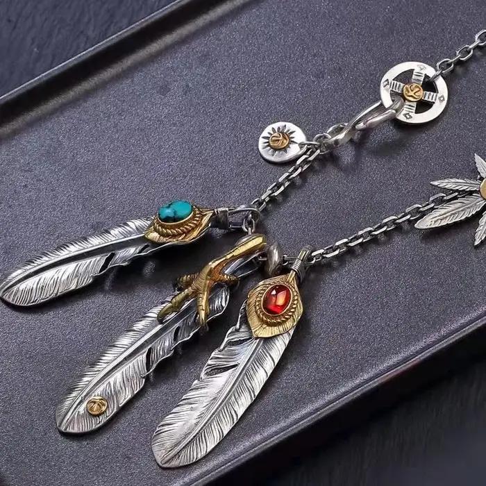 Collier chaîne rétro avec pendentif plume turquoise, pour hommes et femmes, longue chaîne de pull vintage, bijoux de mode