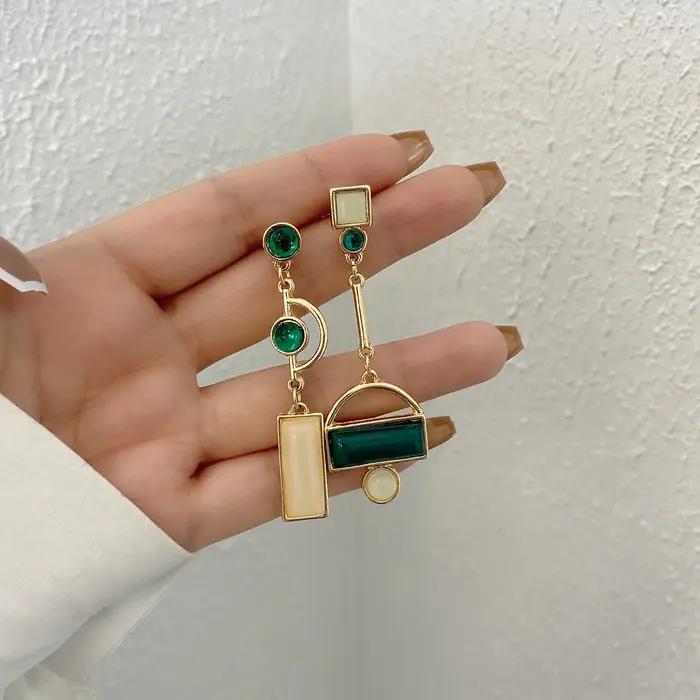 AENSOA asymétrie émail irrégulier géométrique boucles d'oreilles pour femmes couleur or creux strass
