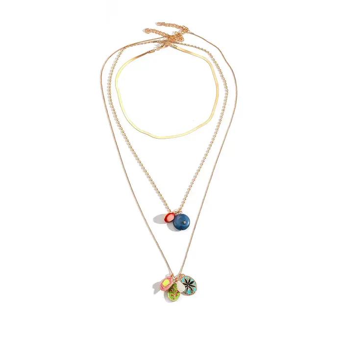 Collier multi-couches tendance pour femme avec pendentif émail coloré