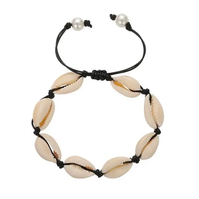 Bracelet de cheville en coquille de plage tressé à la main avec motif géométrique pour femmes, idéal pour les vacances et les occasions spéciales
