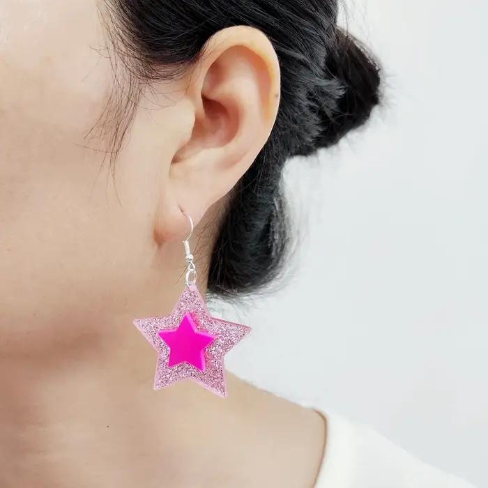 KUGUYS-Boucles d'oreilles doubles étoiles pour femmes, paillettes roses, acrylique, accessoires de b