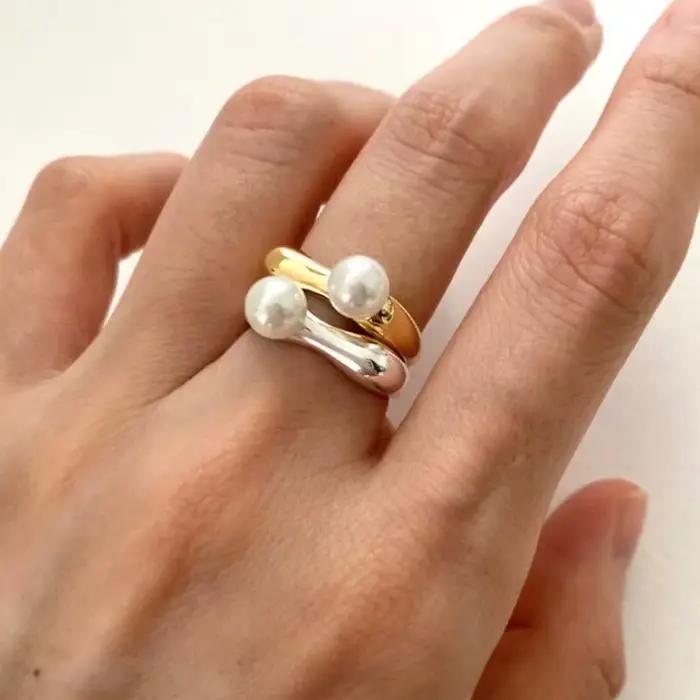 ANENJERY perle brillant anneau ouvert pour les femmes français exquis Goden couleur argent bague tout assorti accessoires anillos bague
