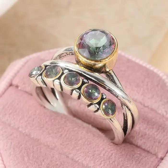 Bague antique incrustée de zircone synthétique verte plaquée argent pour femme