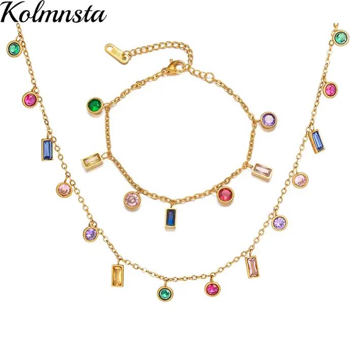 Kolmnsta-Collier à pampilles en cristal pour femmes et filles, tour de cou plaqué or, bracelet en acier au titane, ensembles de bijoux colorés, carré