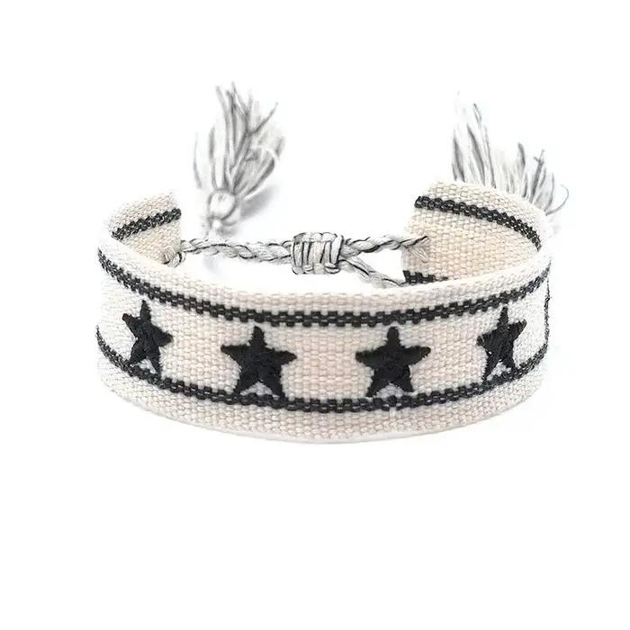 Bracelet avec Logo étoile brodé de Style ethnique bohémien pour femmes, pompon tissé à la main, bijo