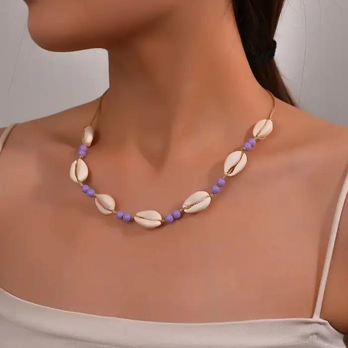 Nouveau collier de perles en coquillages ajustable, chaîne tressée en coquillages violet/bleu/rose/blanc, chaîne de cou ajustable pour femme