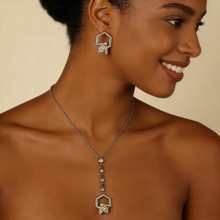 Ensemble collier et boucles d'oreilles en forme de Y plaqué or avec motif nid d'abeille pour femme