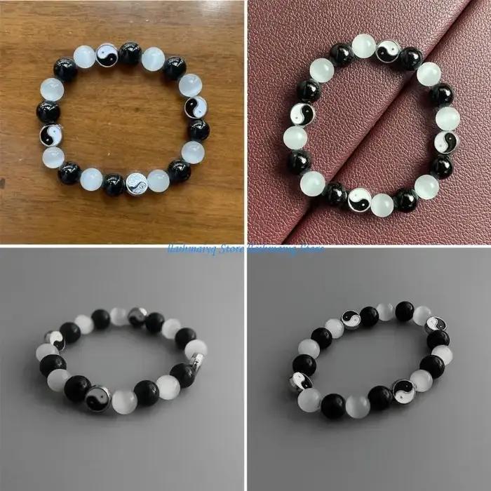 573b Naturel Stone Amitié Yin Yang Bracelet Black Agate Crystal