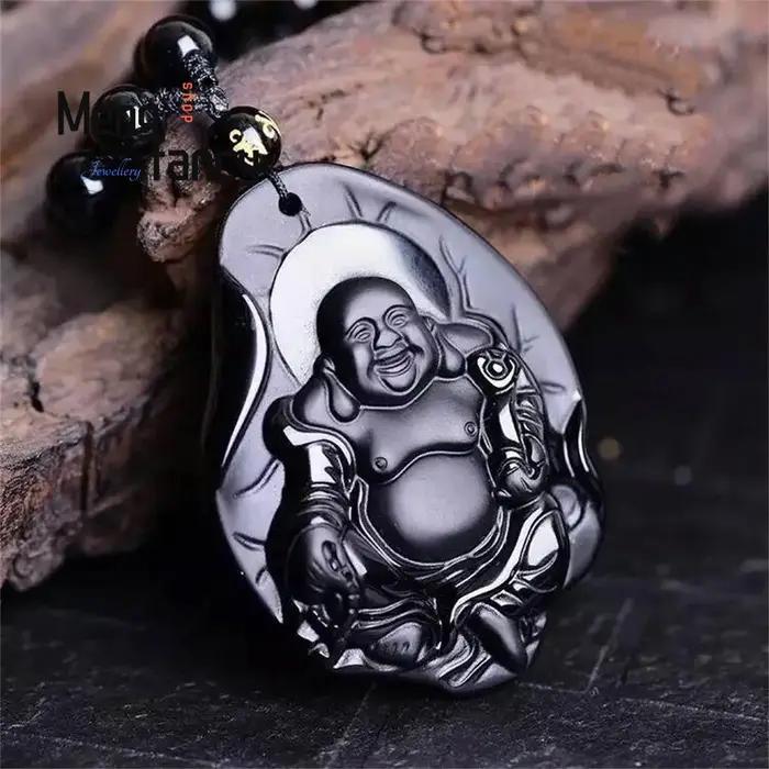 Pendentif bouddha en obsidienne naturelle Ruyi Maitreya