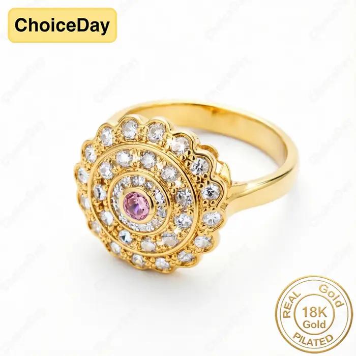 Bague florale luxueuse en zircon rose/blanc plaqué or 18 carats pour femme