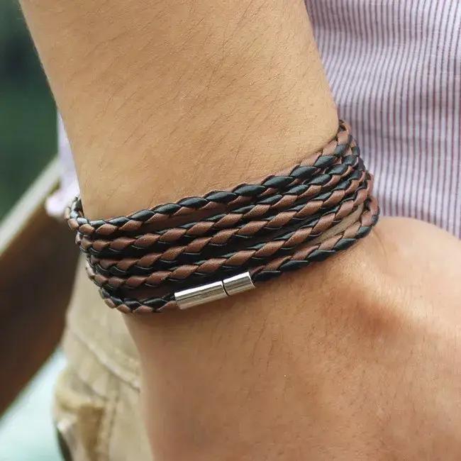 TYO mode 5 couches Bracelets en cuir et Bracelet à breloques fait à la main corde ronde tourner boucle