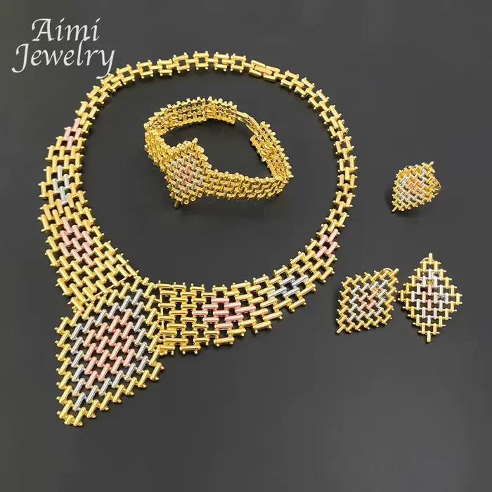 Ensemble de bijoux plaqués or 18 carats pour femmes, 4 pièces, collier, boucle d'oreille, Bracelet, bague, cadeaux de fête de mariage, usage quotidien, exquis