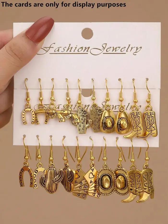 Lot de 10 boucles d'oreilles tendance en métal style western cowboy