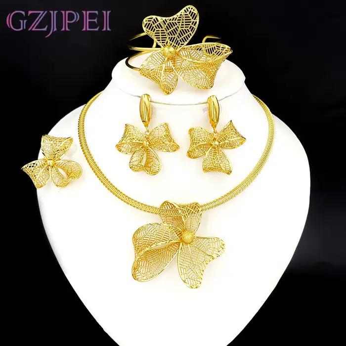 GZJPEI ensemble de bijoux à nœud papillon pour femmes africaines plaqué or collier boucles d'oreille
