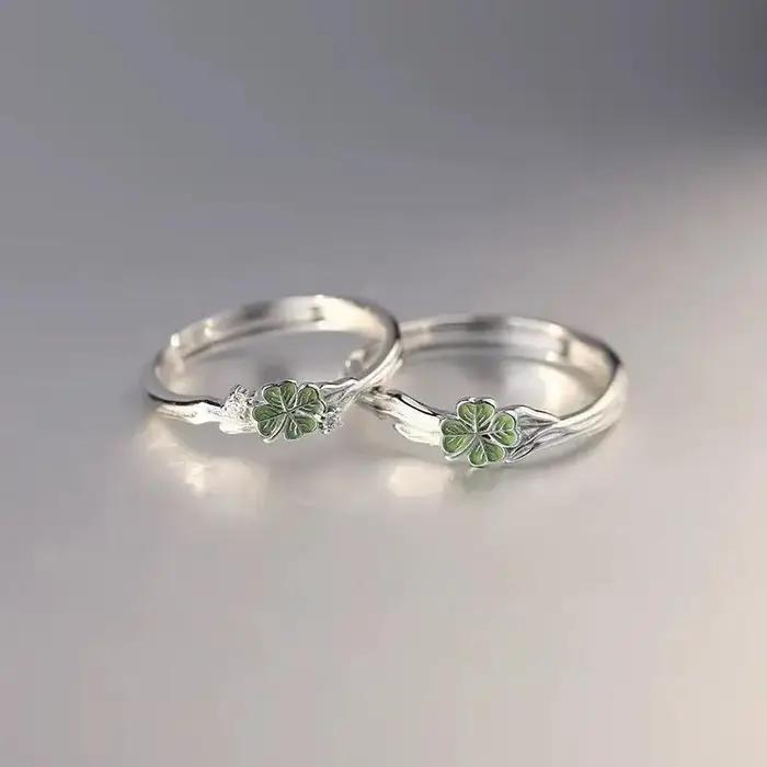 ▫ Bague de couple trèfle à quatre feuilles pour femmes et filles, bague ouverte réglable, bijoux de