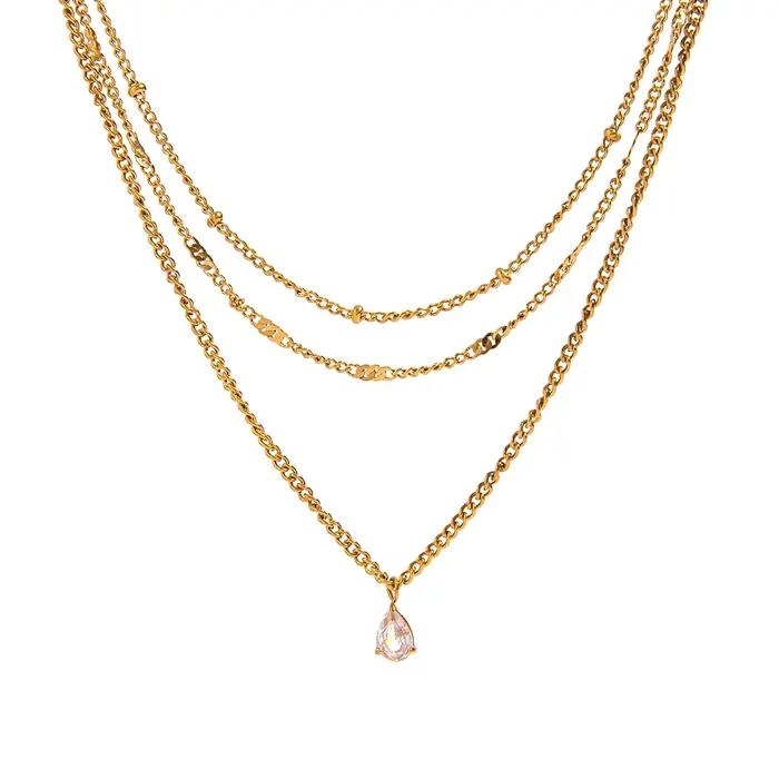 Collier Trois Couches en Acier Inoxydable Plaqué Or 18 Carats avec Pendentif Zircon Pour Femmes Usage Quotidien Soirées Élégantes