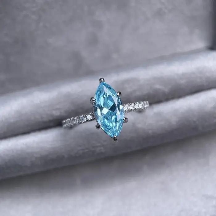 Wong Rain 925 argent Sterling Marquise coupe 6*12 MM aigue-marine haute teneur en carbone diamant gemmes bague de fiançailles pour les femmes bijoux fins