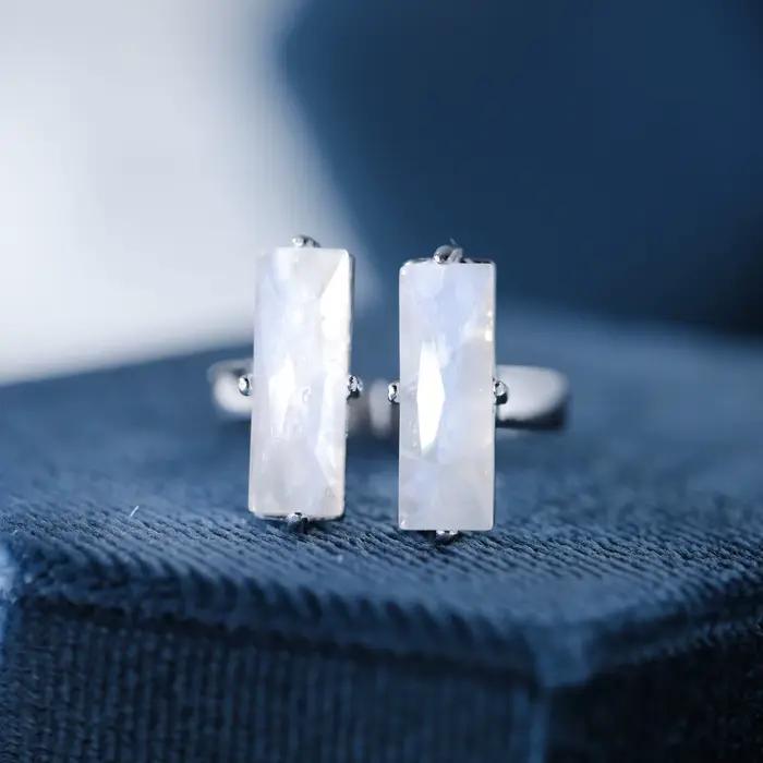 Bague de fiançailles en pierre de lune naturelle, coupe Baguette, en argent Sterling 925, bande réglable pour femmes, pierre bleue, cadeaux de promsie