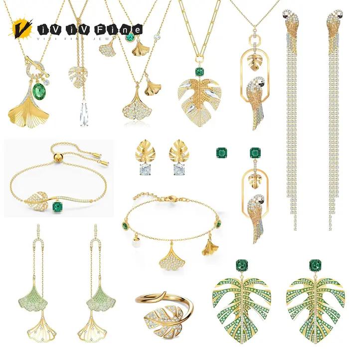 Original 2025 élégant vert cristal ensemble de bijoux fins pour les femmes or en forme d'éventail petite feuille collier boucles d'oreilles Bracelets bagues