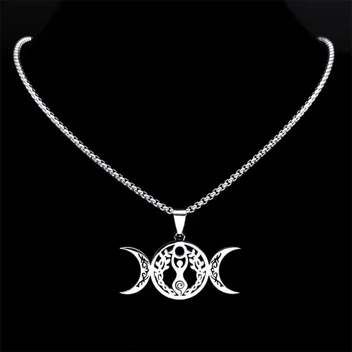 Sorcière Triple lune déesse Luna collier pour femmes hommes acier inoxydable couleur argent amulette Hecate chaîne