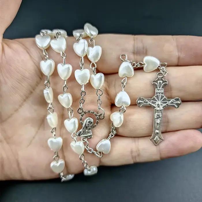 Collier chapelet coeur blanc pour femme, croix de la Vierge Marie, pendentif INRI, Long JOMen, religion, prière, fête, accessoires de bijoux