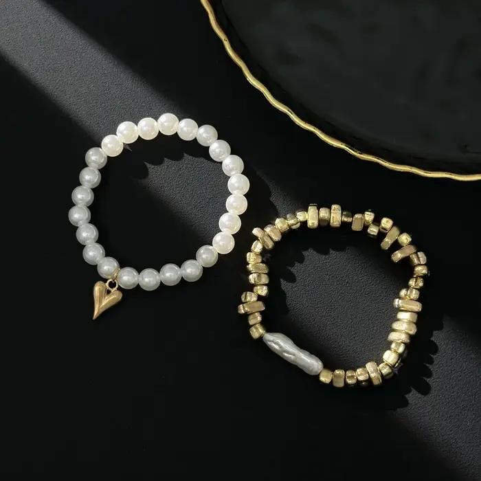 Lot de 2 Bracelets Élégants en Fausse Perle pour Femme, Style Bohème, avec Cordon Élastique et Pende