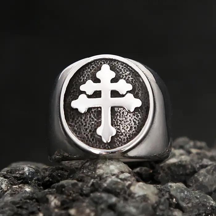 Bague croix de Lorraine en acier inoxydable de haute qualité pour hommes et femmes