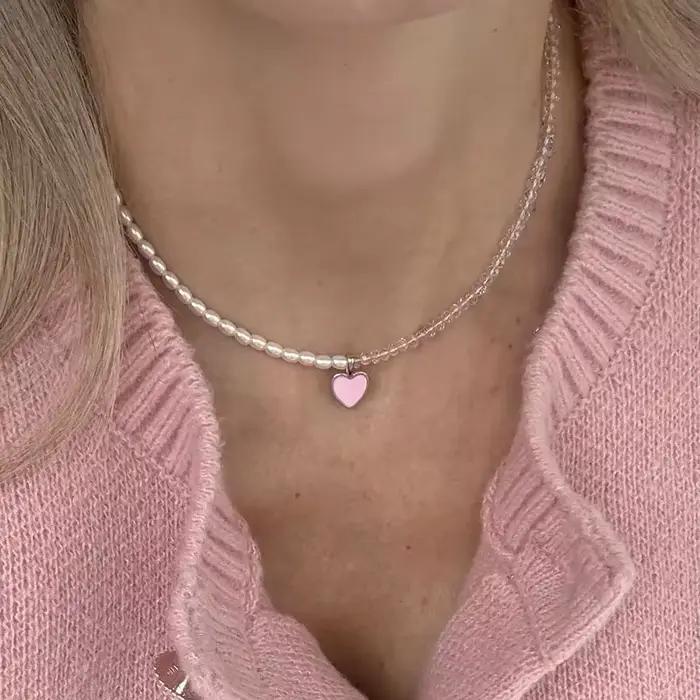 Collier pendentif coeur en cristal Boho Barlotte chaîne de perles imitation bijou pour femmes occasions spéciales anniversaire Saint Valentin