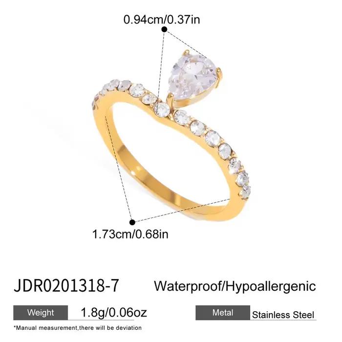Bague fine en acier inoxydable Ars plaquée or 18 carats, avec zircon en forme de goutte d'eau, pour