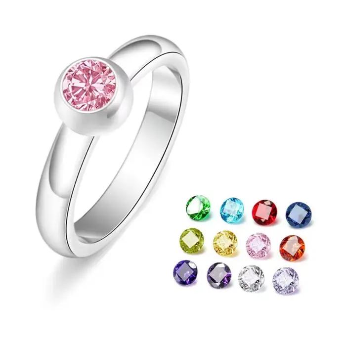 Bague pierre naissance à avec bijoux d'anniversaire remplaçables en Zircon 12 couleurs