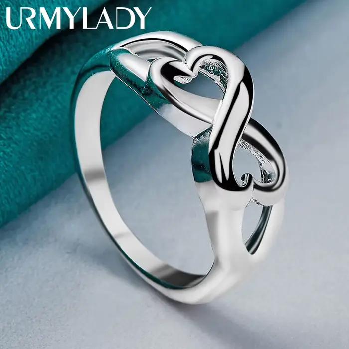 Bague en argent sterling 925 double coeur pour femmes occasions spéciales mariage style moderne amour éternel