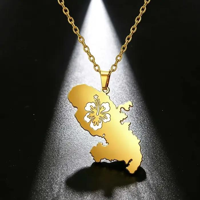 Collier Carte de la Martinique avec Fleur d'Hibiscus