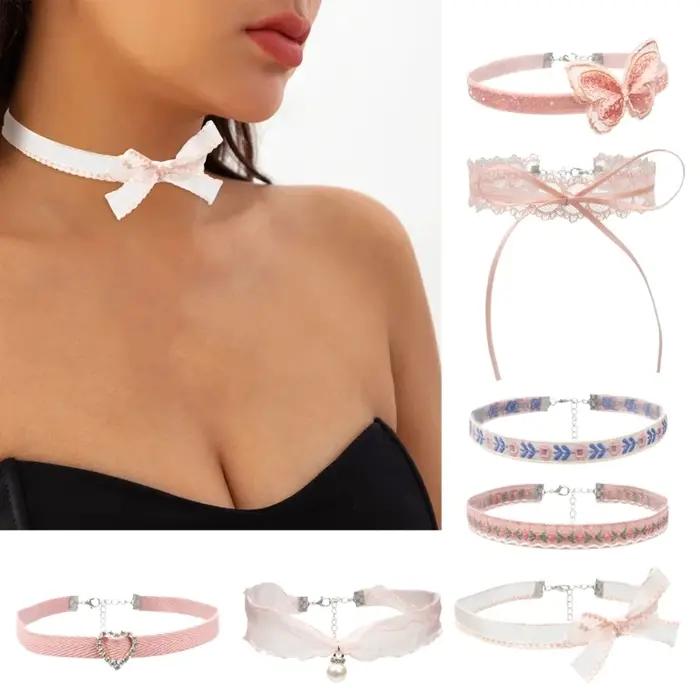 Tour de cou en dentelle avec papillons floraux pour femmes romantiques, colliers ras du cou, style mignon, soirée, mariage, cosplay, lolita, ajustable