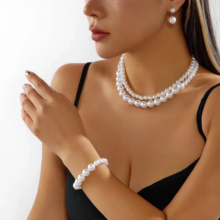 Rinhoo élégant Imitation perle ensemble de bijoux pour les femmes polyvalent collier Bracelet boucles d'oreilles mariée
