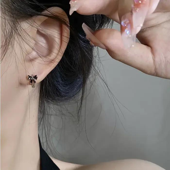 Boucles d'oreilles à nœud noir en argent Sterling 925 véritable pour femmes