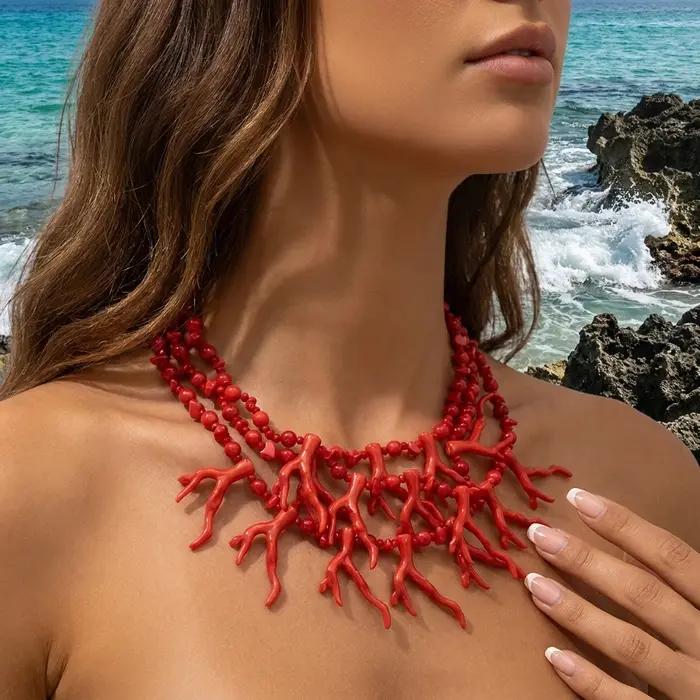 Collier multirangs exagéré en corail rouge pour femme