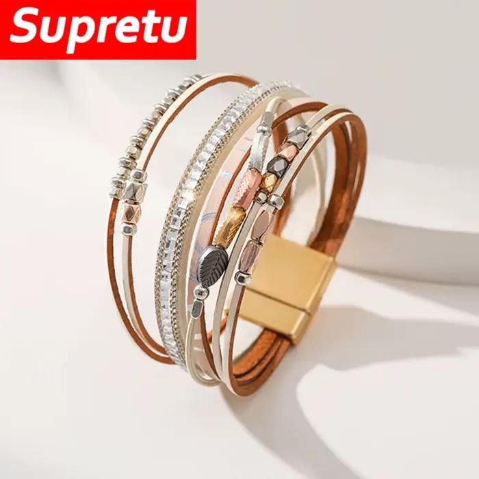 Bracelets en cuir multicouches bohème pour femmes, mode vintage, bracelet perlé, bijoux créatifs faits à la main, cadeaux porte-bonheur féminins