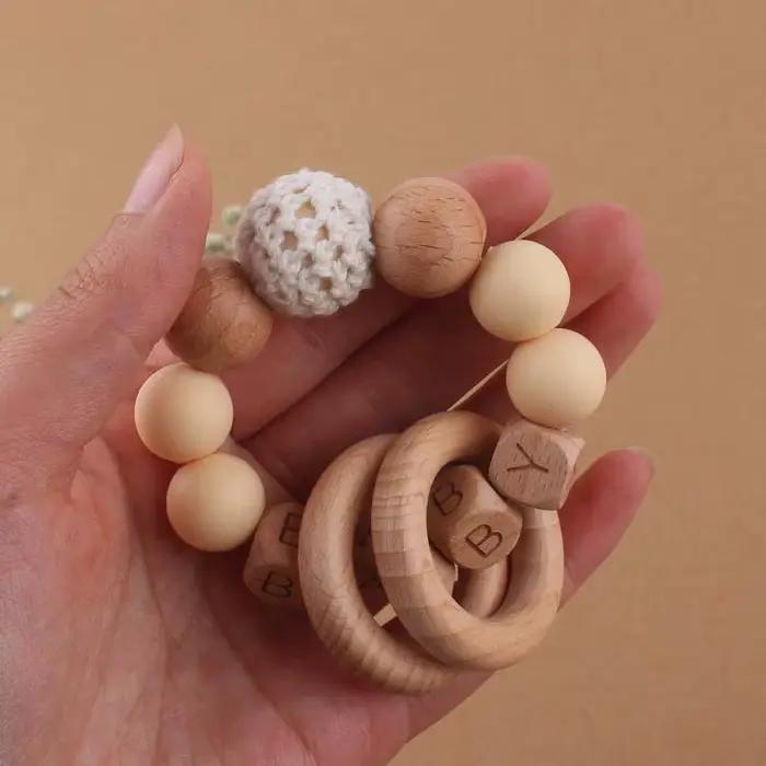Bracelet de dentition pour bébé, fait à la main, nom personnalisé gratuit, artisanat en bois, perle gravée, perles en Silicone de qualité alimentaire, pendentif Animal en bois