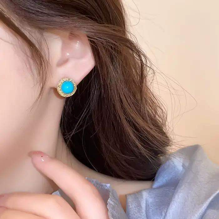 Boucles d'oreilles rondes rétro Turquoise 2025, bijoux avec bordure couleur or, accessoires inhabituels pour fête de mariage pour femmes et filles, cadeaux polyvalents