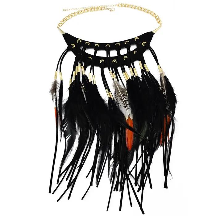 Collier Vintage Bohème à Plumes Longues et Pendentif en Cuir pour Femme Occasions Spéciales Soirées Festivals