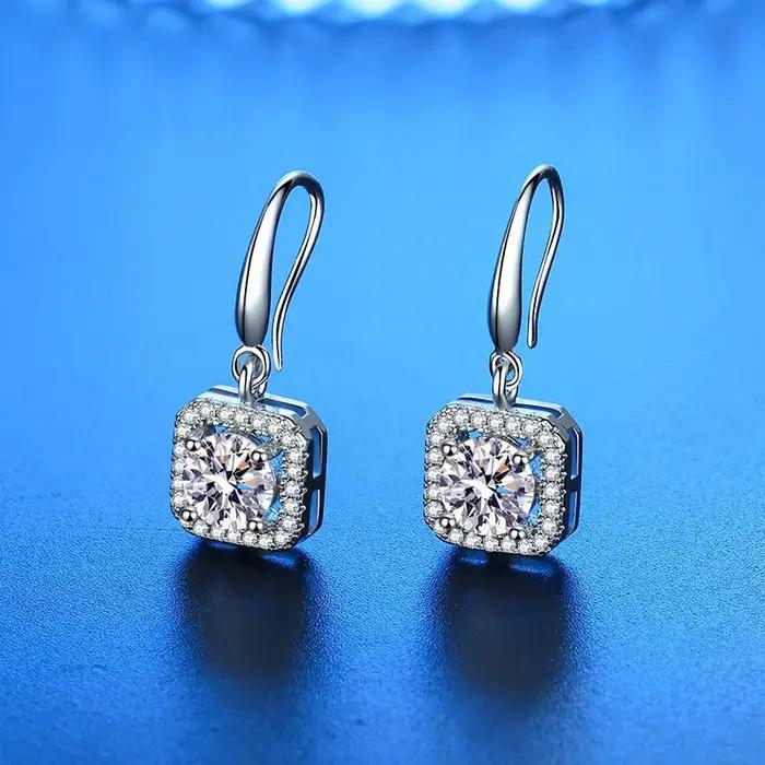 Nouvelle mode Fine 925 en argent Sterling Zircon rond et carré boucles d'oreilles femmes bijoux cadeau cristal luxe pendentif crochet oreille balancent