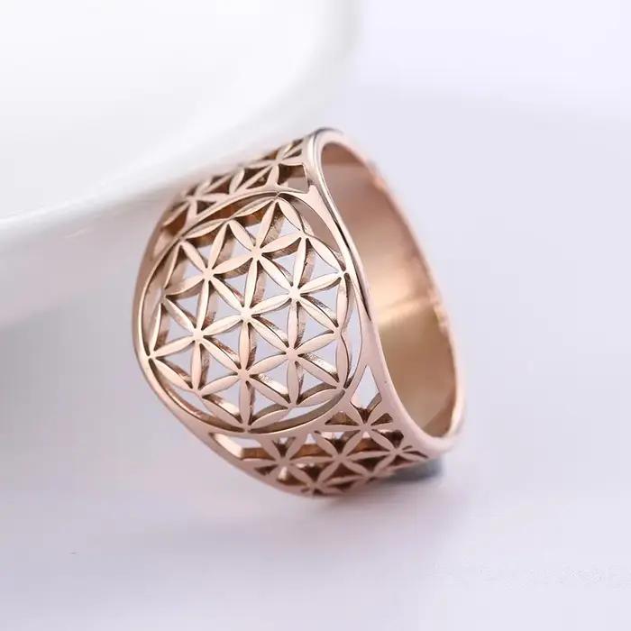 Bagues esthetiques en acier inoxydable plaqué or 18 carats fleur de vie vintage pour homme et femme occasions speciales partys anniversaires mariage