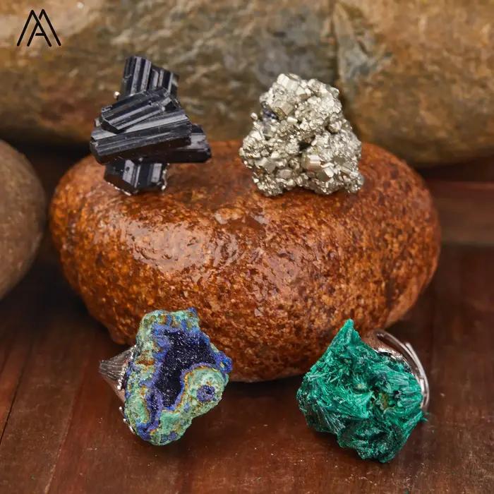 Bague ajustable en argent plaqué or avec géodes d'azurite et de malachite naturelles pour femmes et hommes, occasion spéciale, bohème chic, tracker d'humeur, sommeil et fitness