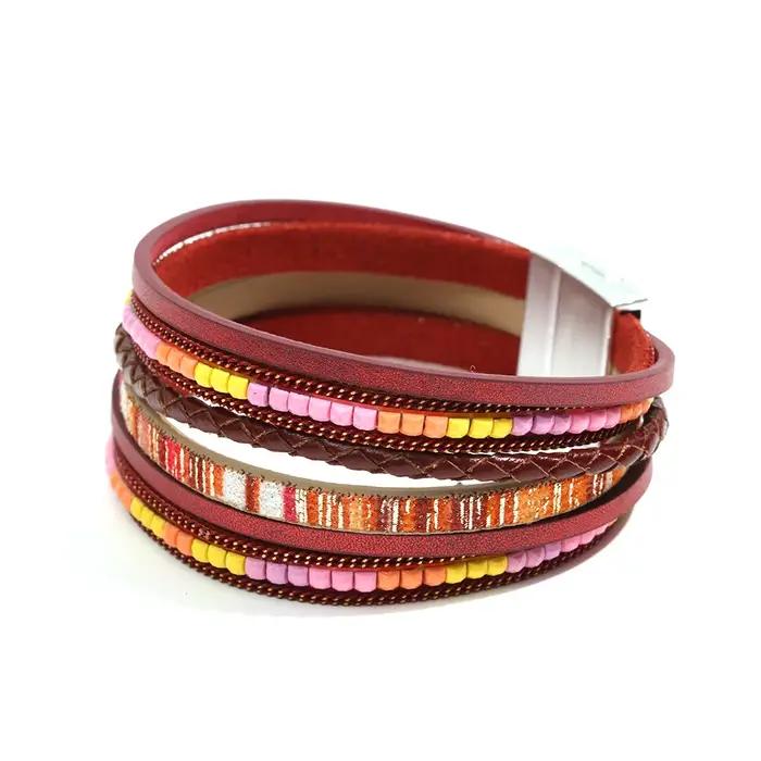 Femme multicouche en cuir enveloppé Bracelets cristaux perle manchette Bracelet Style ouest asiatique fille mode bijoux cadeau d'anniversaire