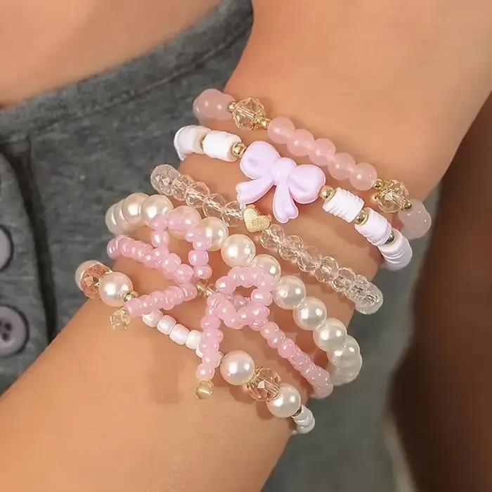 Bracelets à nœud papillon en perles roses Y2K