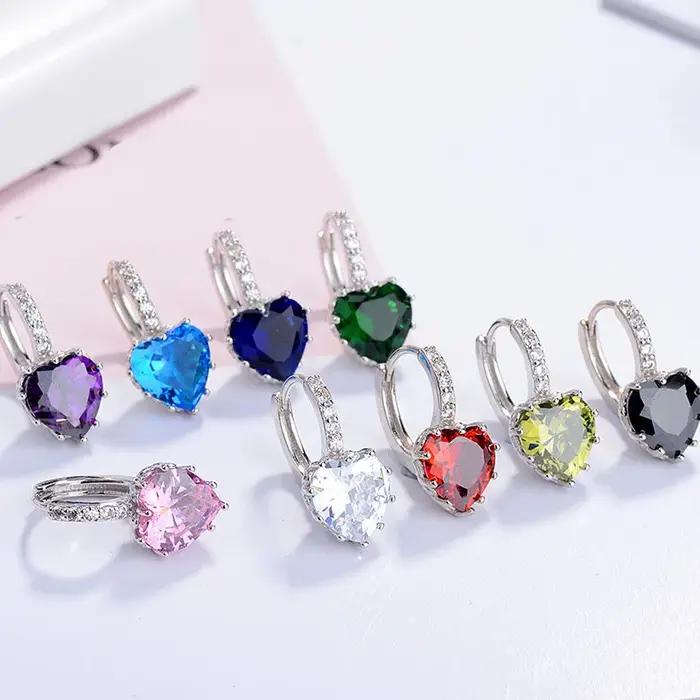 Mignon coeur coloré réel pur 925 bijoux en argent Sterling cubique zircone pierre boucles d'oreilles mode femmes favoris boucle d'oreille