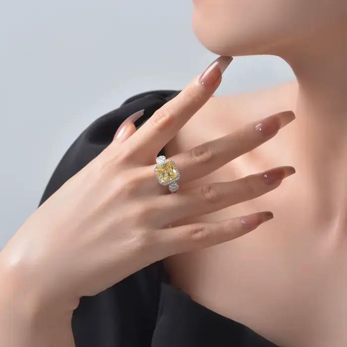 Vinregem 10 MM 5 CT Citrine haute teneur en carbone diamant bague en pierres précieuses pour les femmes 100% 925 en argent Sterling mariage fiançailles bijoux fins