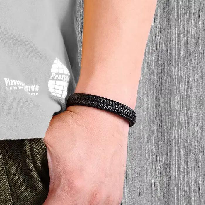Bracelet classique en cuir noir pour hommes, bijoux à main, beau cadeau
