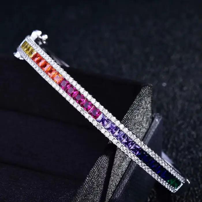 Bracelet manchette plaqué platine, zircone cubique, dégradé arc-en-ciel, bijoux cadeau pour femmes, bijoux de luxe pour anniversaire de mariage