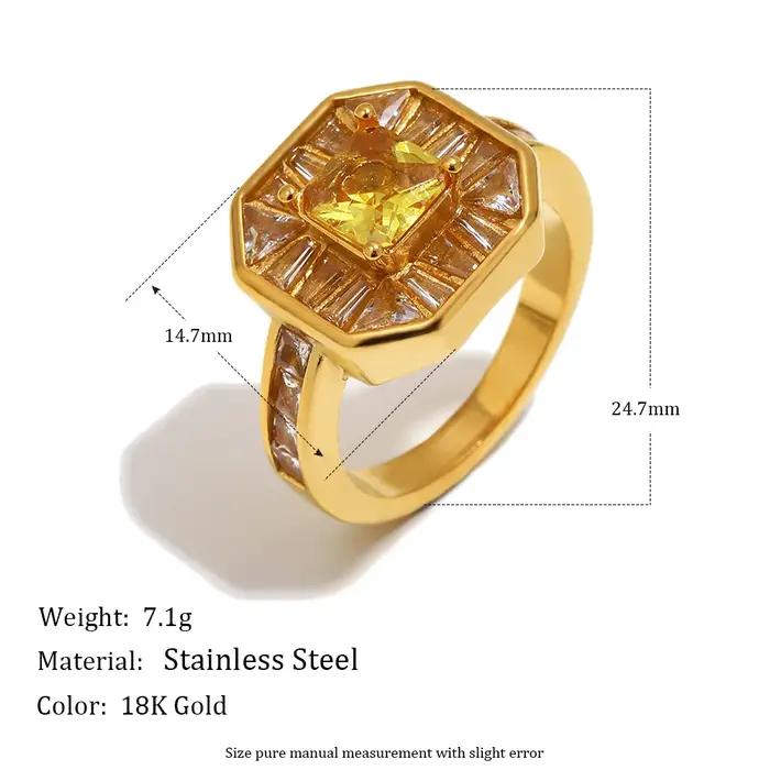 Bague carrée en acier inoxydable plaqué or 18 carats avec zircon cubique jaune
